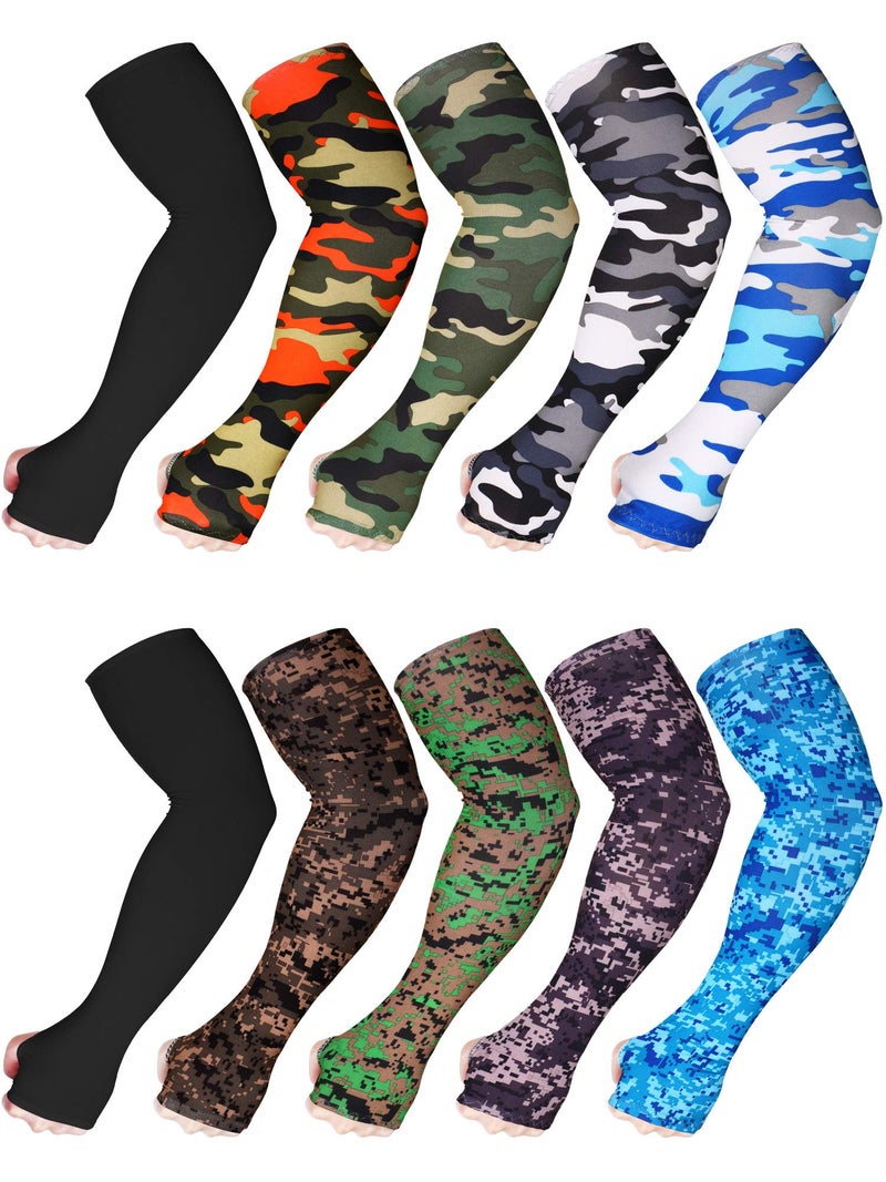 Bememo 10 Pairs Unisex Arm Sleeves for Men Women Elastic UV Protection Arm Cover Ice Silk Cooling Sleeves for Outdoor Driving(Camouflage, Black) - Image 1